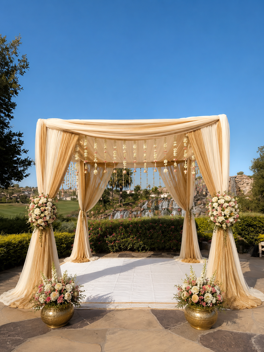 An elegant cream and gold mandap dressed with cascading florals