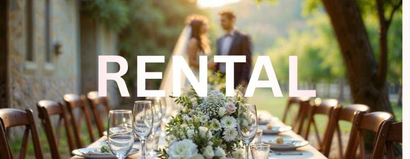 Rental — elegant outdoor wedding table setting with wooden chairs and florals