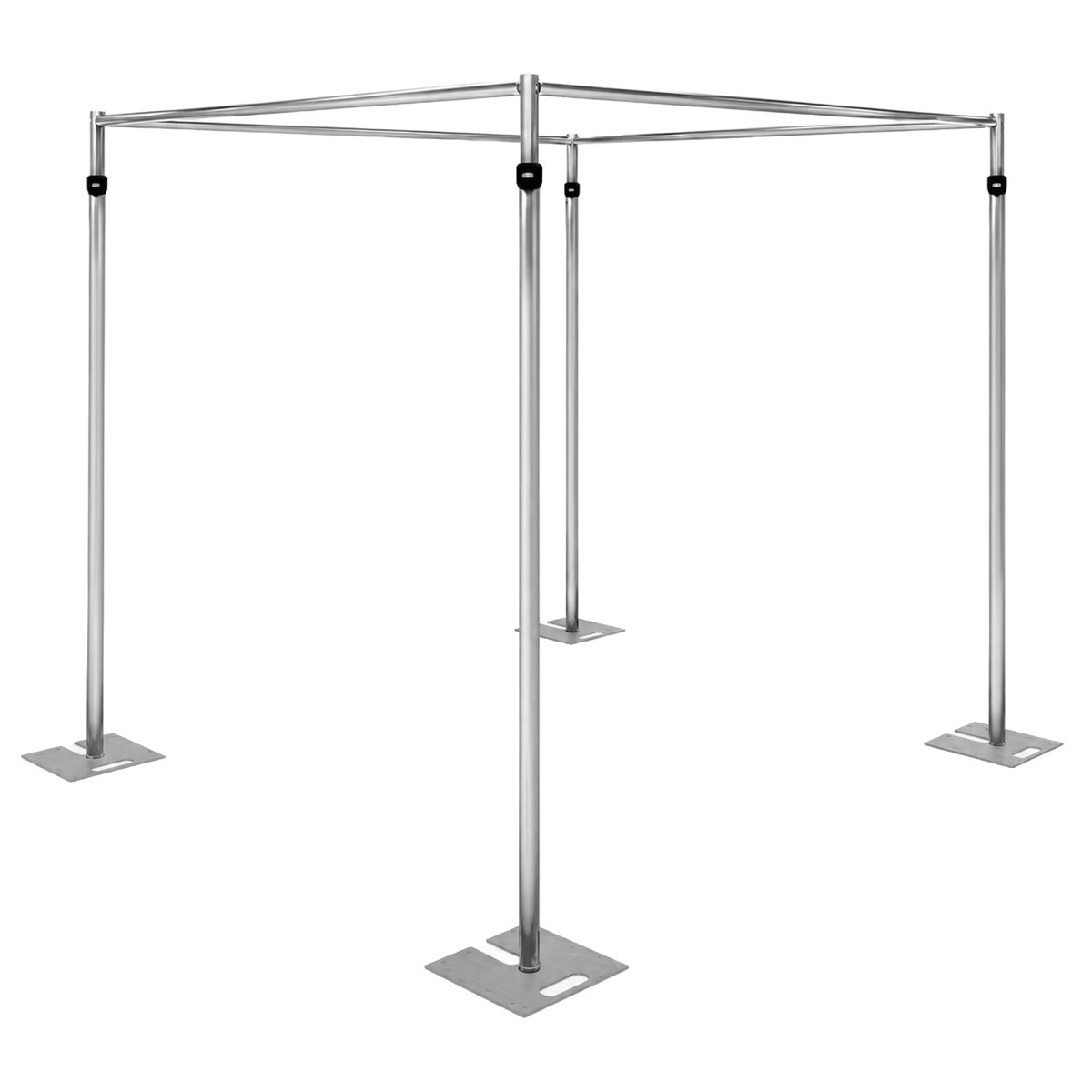 Silver metal mandap frame with four posts, top rails and weighted base plates